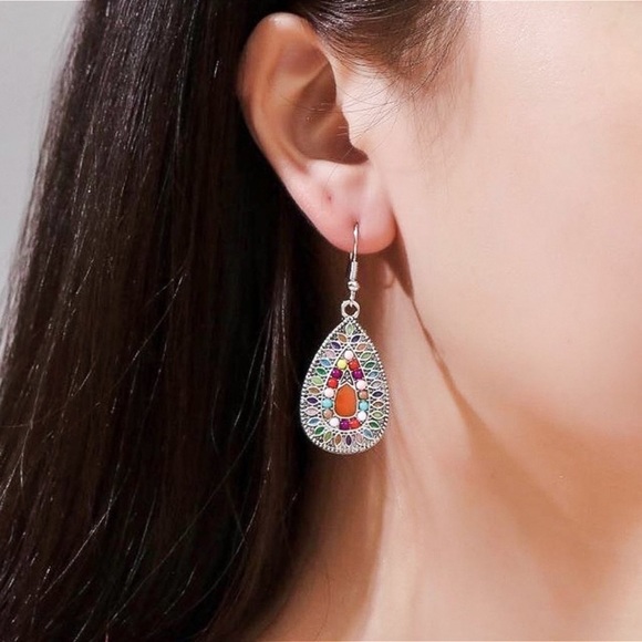 Vibrant Boho Silver Teardrop Earrings - Picture 3 of 6